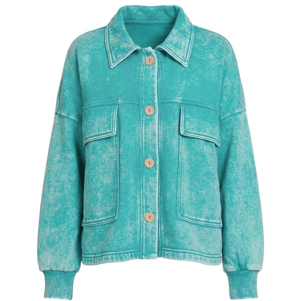 NEW ZENANA acid wash fleece cropped shacket with front pockets in light teal